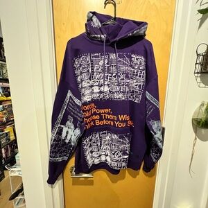 NWOT Snow Milk Purple Graphic Hoodie with White and Orange Accents